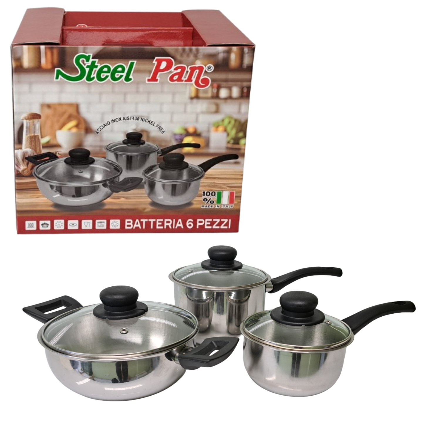 Batteria Pentole - Steel Pan - Acciaio Inox - 6pz - Made in Italy