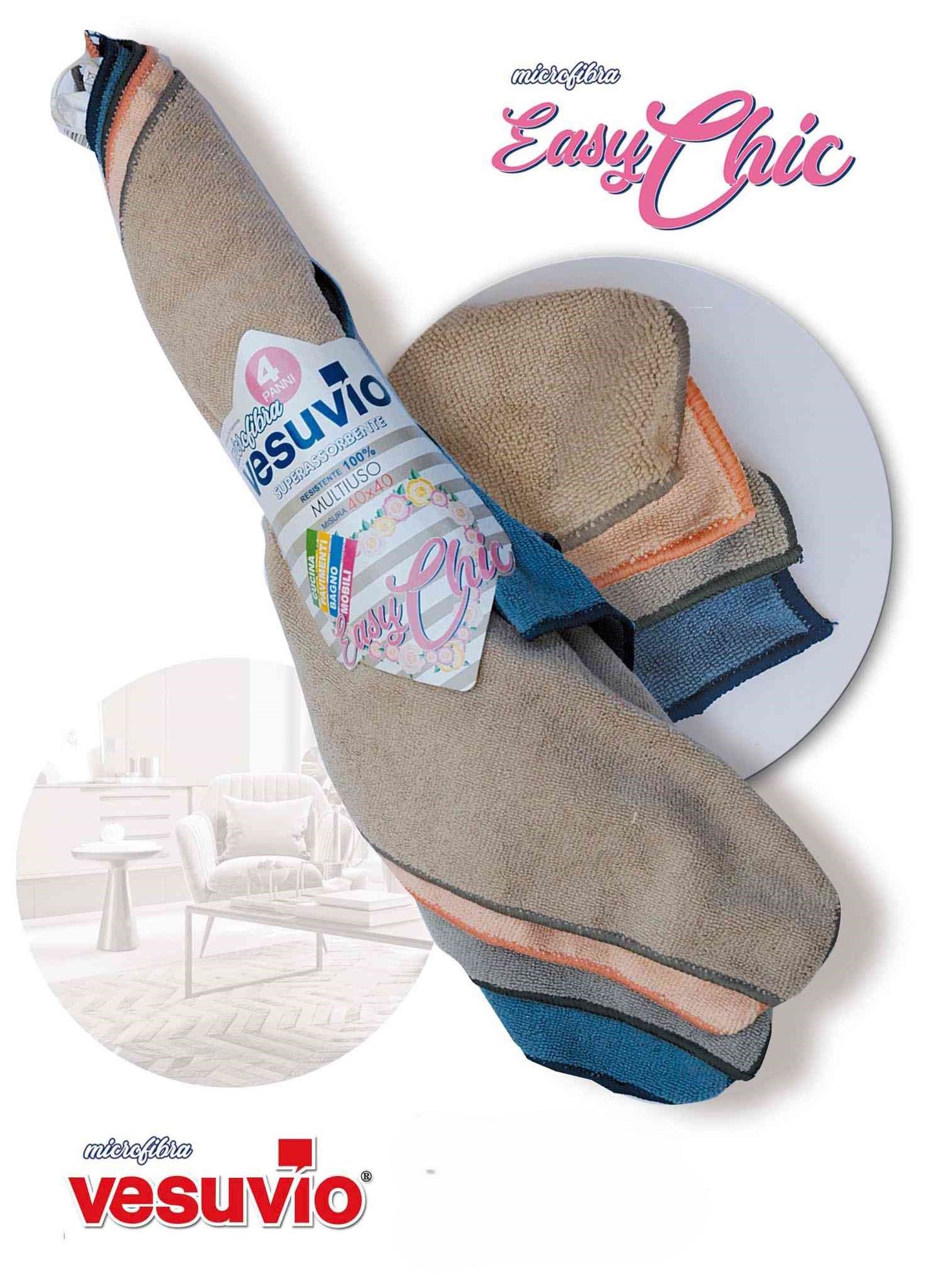 Panni Microfibra Multiuso - Vesuvio Easy Chic - Liscio - 40x40 - 4pz