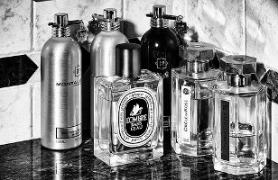 Perfumes on bathroom counter