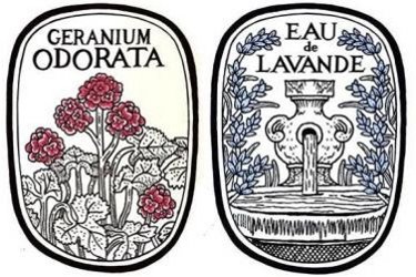 Diptyque Eau de Lavande and Geranium Odorata, labels