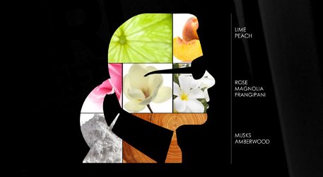Karl Lagerfeld head with scent pyramid