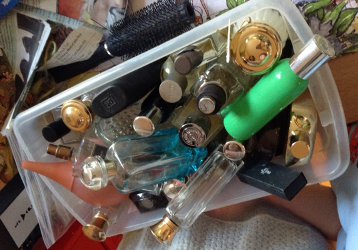 Meredith and David, perfume collection shoebox