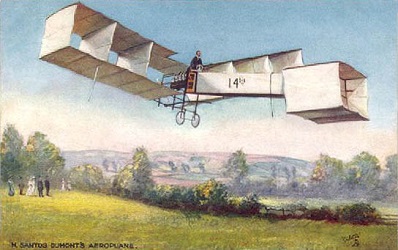 French postal card showing Santos Dumont flying the 14 bis
