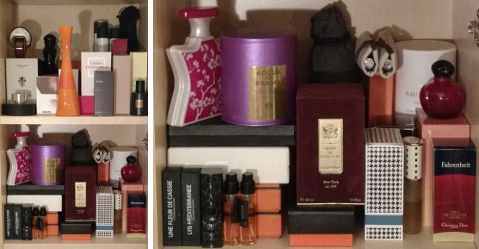 Erin's perfume shelves, top shelves