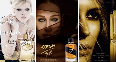 Prada Infusion d'Iris Absolue, Stash SJP and Donna Karan Gold adverts